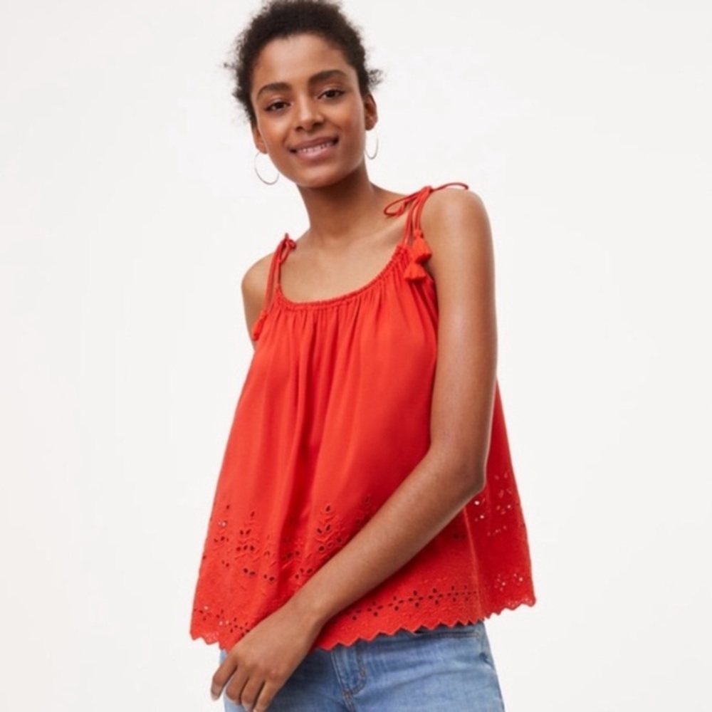 LOFT Red Tie Strap Eyelet Top